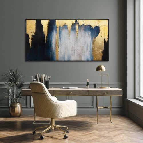 Framed Blue Gold Abstract Canvas Wall Art for Living Room 24x48 Inch - color: Blue and Gold, size: 48"L x 24"W