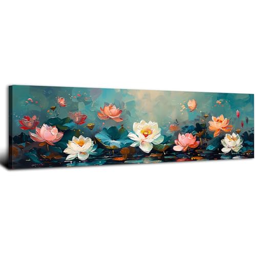 Lotus Flower Wall Art Zen Decor Abstract Nature Picture for Living Room Colorful Floral Painting Plant Texture Prints Watercolor Turquoise Botanical Poster Canvas Bedroom Office Home Decoration 14x48" - color: Lotus