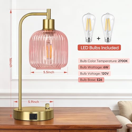 Pink Glass Table Lamps Set of 2, Dimmable Bedside Lamps for Living Room - color: Gold&Pink