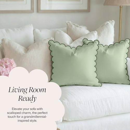 BEBE BASK Scalloped Pillow Cover Set of 2, 18x18, Cotton - Moss Green - color: Moss Green/Green