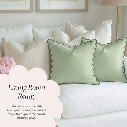 BEBE BASK Scalloped Pillow Cover Set of 2, 18x18, Cotton - Moss Green - color: Moss Green/Green