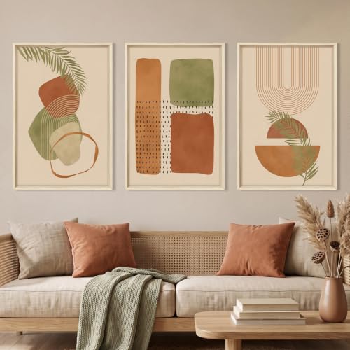 HOURIA Terracotta Sage Green Palm Leaf Framed Canvas Wall Art Set-16"x24"x3 - color: Boho Botanical Wall Art, size: 16"L x 24"W