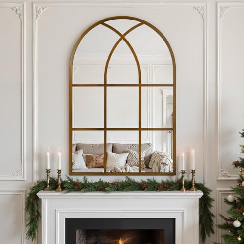 Arched Window pane Wall Mirror 24"x36", Window Shaped Farmhouse Style with Aluminum Frame, Decorative Wall Mirror Leaning Hanging for Living Room, Courtyard, Bedroom, Entryway, Bronze - color: Bronze, size: 36"L x 24"W