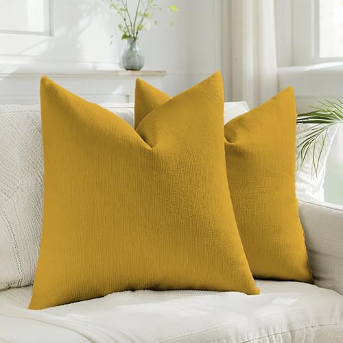 HAUSSY Pack of 2 Faux Linen Soild Throw Pillow Covers 24x24 Inch, Cream - color: Mustard Yellow, size: 24" x 24" (Pack of 2)