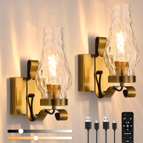 Vintage Battery Operated Wall Sconces Set of 2, Rustic Wall Lights - color: Water Ripple Gold