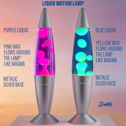 JAMBO 2 Pack- 16" Beautiful Lamp- Blue with Yellow/Green Wax and Purple with Pink Wax, Relaxing Liquid Lamp, Night Light Nightlight, Lamps for Adults Teens Kid - color: Silver Base, Blue Liquid, Yellow Wax AND Silver Base, Purple Liquid, Pink Wax