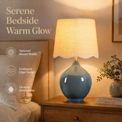 21"H Slate Blue Ceramic Table Lamp with Beige Faux Rattan Drum Shade - color: Slate Blue