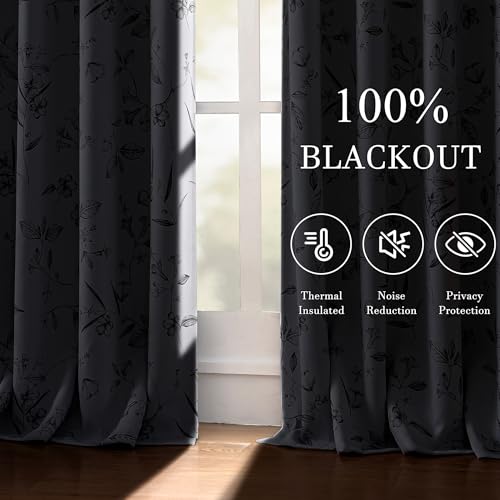 ChrisDowa 100% Grey Blackout Floral Curtains 96 Inches Long 2 Panels - color: Grey, size: 52"W x 96"L (Pack of 2)