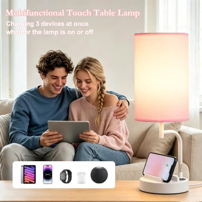 Dreamholder Touch Control USB Table Lamp with USB C/A & AC Outlet, 3-Way Dimmable Bedside Lamp, Modern Nightstand Lamps for Bedroom Living Room Guest Room Office, Bulb Included, White Pink - color: White Pink