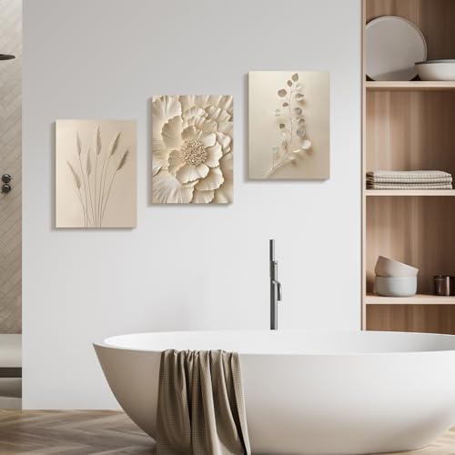 Hianan Wrapped Canvas Neutral Beige Botanical Wall Art Set of 3, 12x16 in - color: Beige, size: 16"L x 12"W