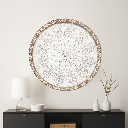 TwinLakes 24.8’’ Wooden Carved Mandala Wall Sculptures, Round Cutout Floral Wall Panel, Bohemian Wall Art for Living Room, Bedroom, Kitchen, Entryway