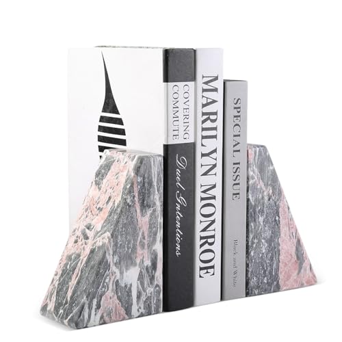 Koville Marble Bookends for Shelves, Large Bookends for Heavy Books, Natural Stone Book Stopper for Books CD Movies, Aesthetic Decorative Book Ends (Grey&Pink) - color: Grey&pink