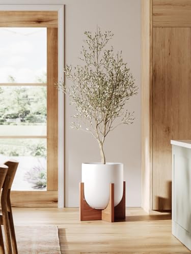 LE TAUCI 10 Inch Ceramic Planter with Acacia Wood Stand, White - color: White, size: 10 Inch