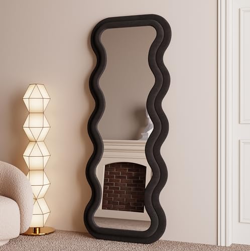 BOJOY Full Length Mirror, 63" x 24" Wall Mirror, Flannel Wrapped Wooden Frame Floor Mirror, Irregular Wavy Mirror Hanging or Leaning Against Wall for Cloakroom/Bedroom/Living Room, Black - color: Dark Black