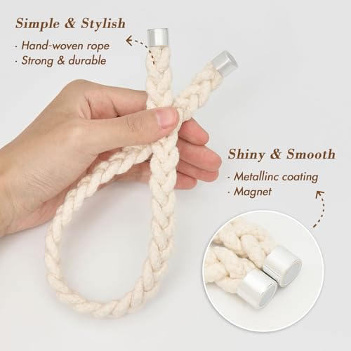 NICEEC 2 Pack Natural Cotton Rope Curtain Tiebacks Elegant Boho Style Magnetic Drape Tie Backs Soft Hand-Woven Rope Curtain Holdbacks for Home & Office Drapery (Cotton rope-01) - color: Cotton Rope-01, size: 2 Pack