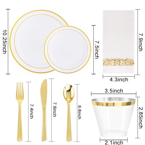 WELLIFE 700 Pieces Gold Plastic Dinnerware Set for 100 Guests - Includes Plates, Cups, Napkins, and Disposable Cutlery - Elegant White & Gold Design, Perfect for Parties and Events - color: Gold, style: 700PCS（100Guests）
