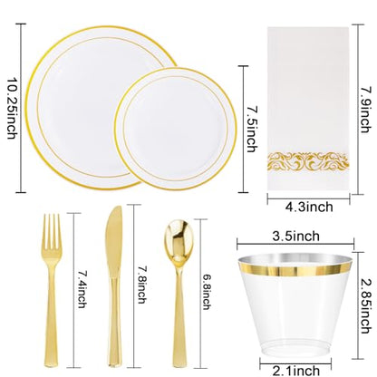 WELLIFE 700 Pieces Gold Plastic Dinnerware Set for 100 Guests - Includes Plates, Cups, Napkins, and Disposable Cutlery - Elegant White & Gold Design, Perfect for Parties and Events - color: Gold, style: 700PCS（100Guests）
