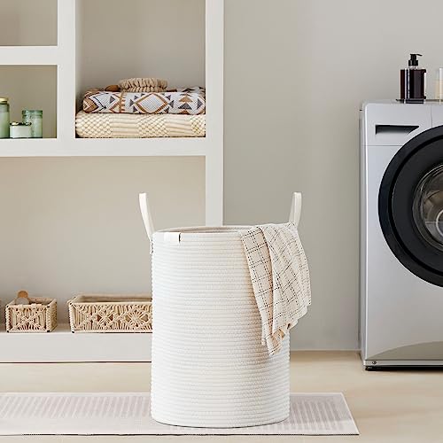VIPOSCO 58L Tall Woven Rope Laundry Hamper, Leather Handles, White - color: White, size: 58L