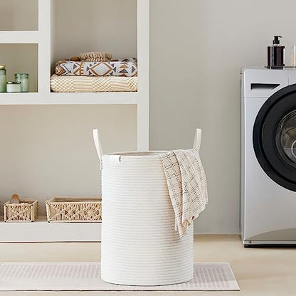 VIPOSCO 58L Tall Woven Rope Laundry Hamper, Leather Handles, White - color: White, size: 58L
