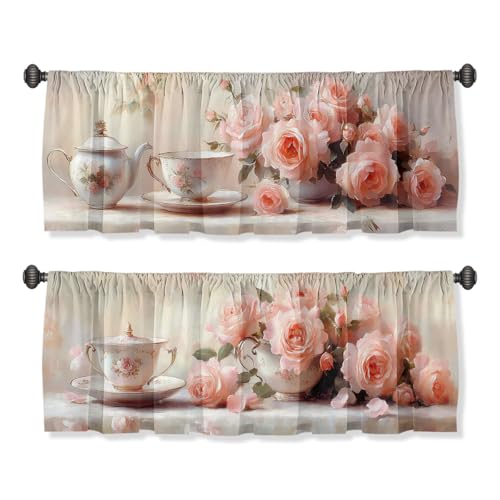 Rose Curtain Valance for Windows 2 Pack Tea Cup Teapot Pink Rose Vintage Painting Rod Pocket Printed Curtain Valances Short Tier Curtains for Living Room Bathroom Bedroom 54x18 Inch - color: Rose