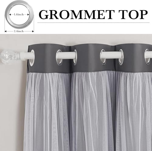 Dark Grey Blackout Curtains with White Sheer Overlay for Girls Bedroom/Drom - color: Grey, size: 52"W x 63"L (Pack of 2)