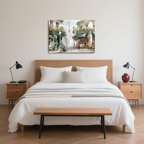 Framed Green Cafe Canvas Wall Art, 36"x24" European Street Scene - color: Green 01, size: 36"L x 24"W