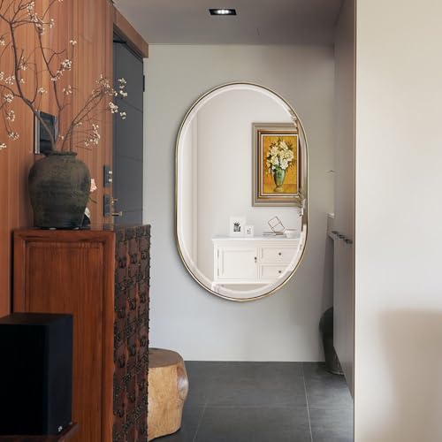 POZINO 48"x28" Brushed Gold Oblong Beveled Bathroom Mirror for Over Sink - color: Gold Oval, size: 48"L x 28"W