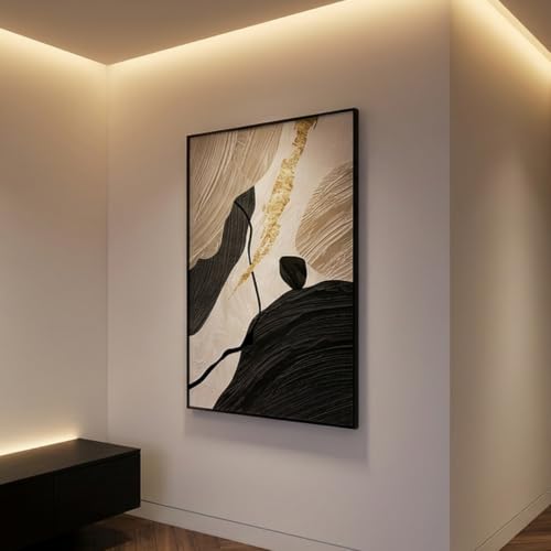 QKF Gold Geometric 3D Texture Black Aluminum Frame Canvas Wall Art - color: Beige & Black with Gold Accent