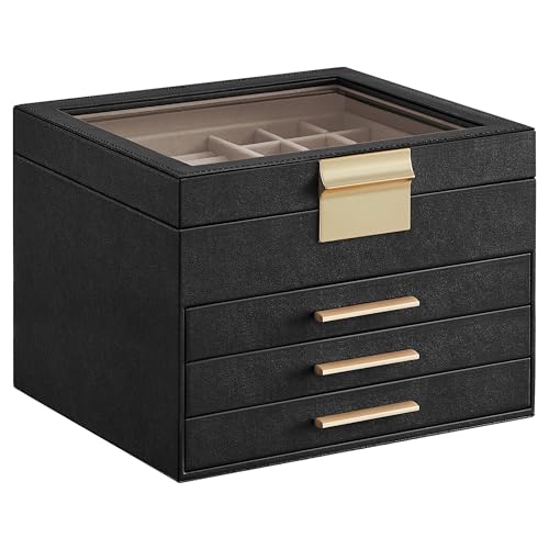 SONGMICS Jewelry Box Organizer, 4-Layer Storage with 3 Drawers, Glass Lid - color: Ink Black + Gold, size: 4 Layer (8"d X 9.1"w)