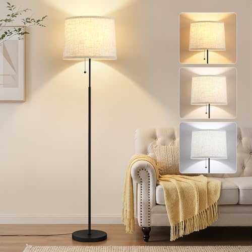 Floor Lamps for Living Room & Bedroom, 60" Modern Tall Standing Lamp, 3CCT - color: Linen T-Shades+Black Pole