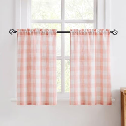 Blush Buffalo Check Kitchen Tier Curtains 36" Country Plaid Semi Sheer Pink - color: Blush Pink and White, size: 24"W x 36"L (Pack of 2)