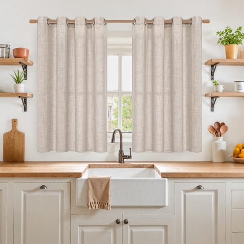 YoungsTex Natural Linen Curtains 45 Inch Length for Short Window Linen Textured Curtains with Bronze Grommet Light Filtering Drapes for Kitchen Small Window, 2 Panels, 52 X 45 Inch - color: Natural, size: 52"W x 45"L (Pack of 2)