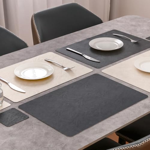 Vinyl Placemats Set of 6, Dual Sided Place Mats with Drink Coasters - color: White/Dark Gray Two-tone, size: Set of 6