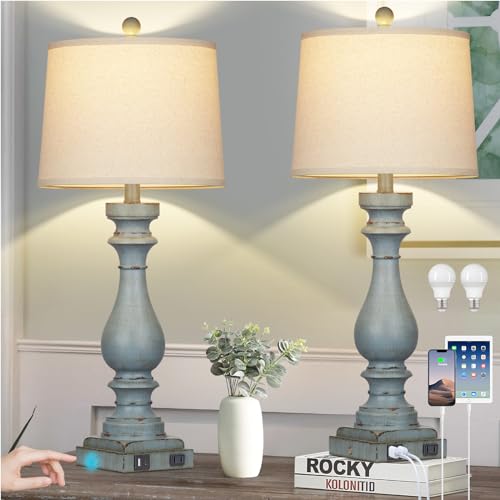 Cinkeda 29" Tall Table Lamp for Living Room Set of 2,Coastal Bedside Nightstand Lamps with USB C+A Ports & AC Outlet,3-Way Dimmable Touch Control Retro Blue Desk Lamp for Bedroom,Color 3 - color: Retro Blue