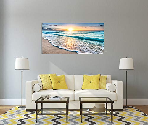 Baisuart S02250 Canvas Prints Wall Art Beach Sunset Ocean Waves Nature Pictures Stretched Canvas Wooden Framed for living Room Bedroom and Office - color: Sunset Waves, size: 40"L x 20"W