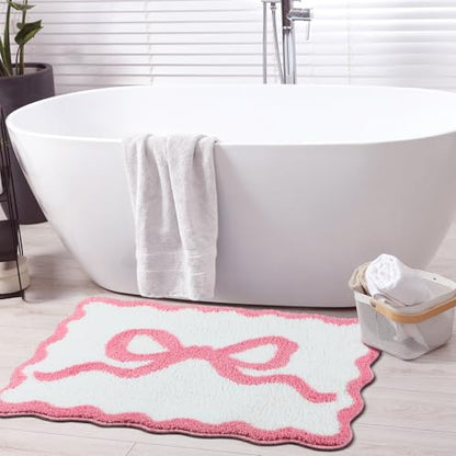 Tinideya Pink Bow Bathroom Rug 20" x 32" Scalloped Bow Bath Mat - color: Pink, size: 20" x 32" (Rectangular)