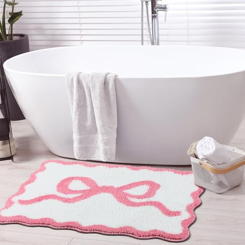 Tinideya Pink Bow Bathroom Rug 16" x 24" Scalloped Bow Bath Mat - color: Pink, size: 16" x 24" (Rectangular)