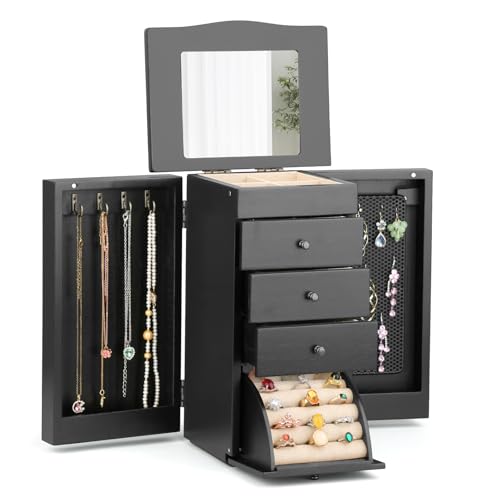 Meangood Jewelry Box Jewelry Organizer, 5-Layer Wooden Jewelry Organizers and Storage Boxes for Women Girls, Ring Earring Bracelet Necklace Holder Organizer with Mirror & Drawers(Black) - color: Black, size: 3-Drawer