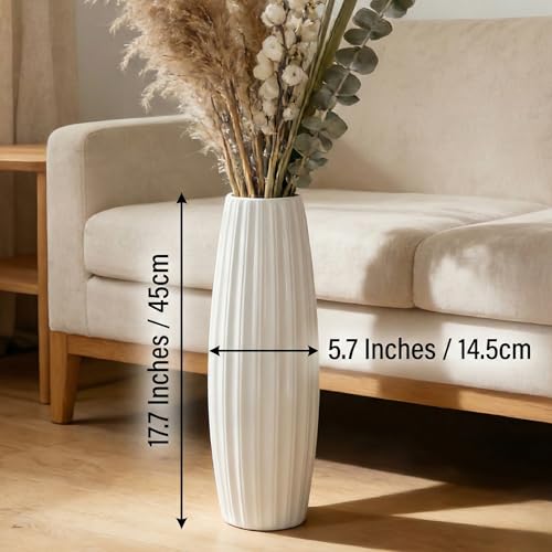 White Tall Ceramic Floor Vase, 17.7 Inch, Ribbed Drum Design - color: Vertical Stripes, size: Height-17.7 Inch