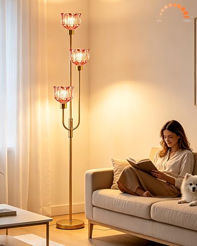 3-Light Glass Floor Lamp 66IN Modern Red Glass Gold Dimmable Floor Lamps - color: Deep Red Tulip-Gold