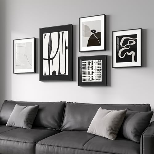 Framed Black and White Modern Abstract Wall Art for Living Room, 5 Piece - color: Minimalist