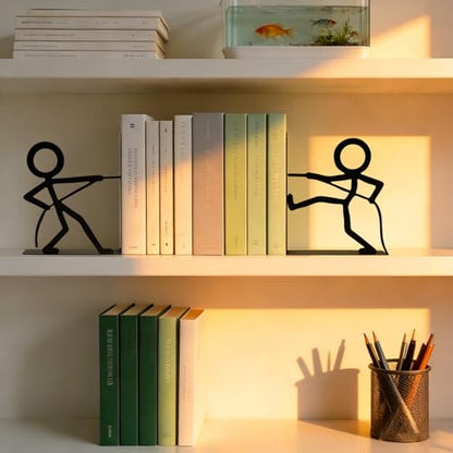 2 Pcs Metal Bookends and Heart Bookmark,Book Ends for Book Shelf,Tug of War - color: Tug War Black
