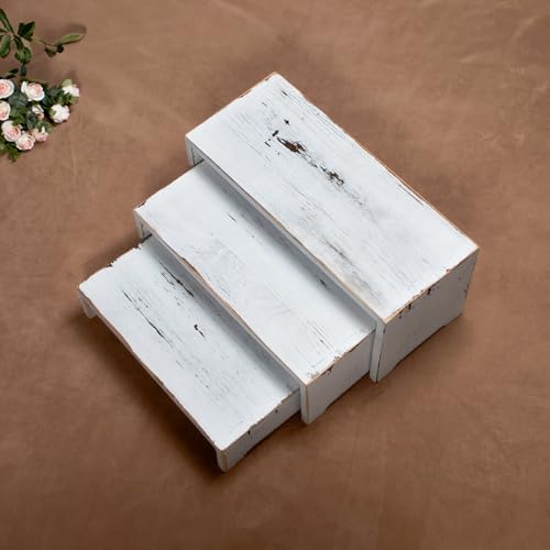 DAOYOUSKY Set of 3 Wooden Rustic Cupcake Stand for 24 Cupcakes, Stepped Wood Display Stand for Weddings, Tiered Party Buffet Table Display Nesting Riser for Food , Dessert, Cookie, Craft Show, White - color: White