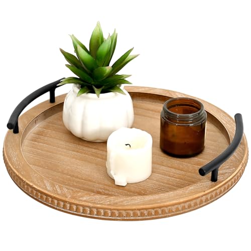 SwallowLiving Brown Wooden Beaded Serving Tray with Handle Decorative Rustic Tray for Coffee Table Farmhouse Round Tray for Kitchen, Living Room and Bedroom - color: Brown, size: 13"