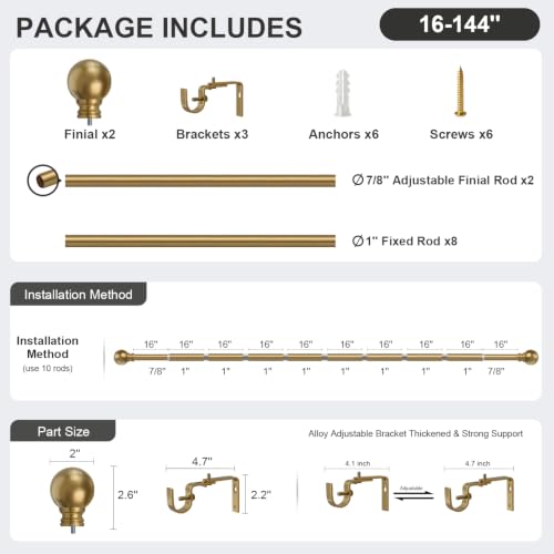 Warm Gold Curtain Rods 16-144 Inch Heavy Duty 1 Inch Diameter - color: Brass, size: 16"-144"|1 Pack