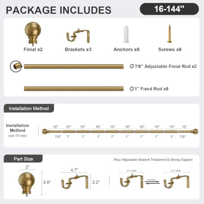 Warm Gold Curtain Rods 16-144 Inch Heavy Duty 1 Inch Diameter - color: Brass, size: 16"-144"|1 Pack