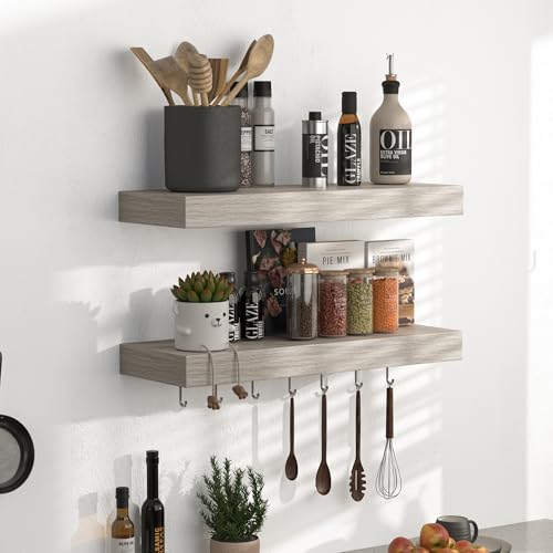 Floating Shelves - Rustic Grey Storage Shelf Set of 2 - 16 Inch Wall Mounted Shelves for Wall Decor & Storage - Wooden Shelves with Invisible Brackets for Living Room, Bedroom, Kitchen, Farmhouse - color: Grey, size: 16"L x 6.7"D