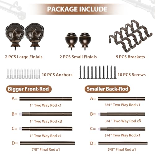 KAMANINA Double Curtain Rod 140 to 180 Inch, Extra Long, Adjustable, Bronze - color: Antique Bronze, size: 140-180"