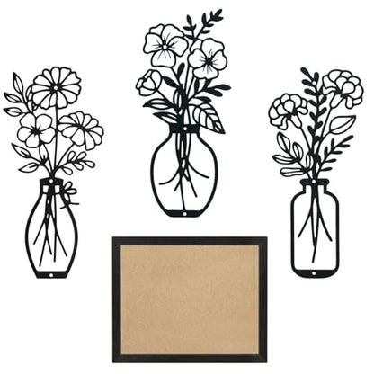 Lcaughsy Metal-Wall-Art Decoration - Metal Wall Decor Floral and Picture Frame For Living Room, 3 Pcs Hanging Wall Decor Art for Home Dining Room Bedroom Kitchen Farmhouse, Black