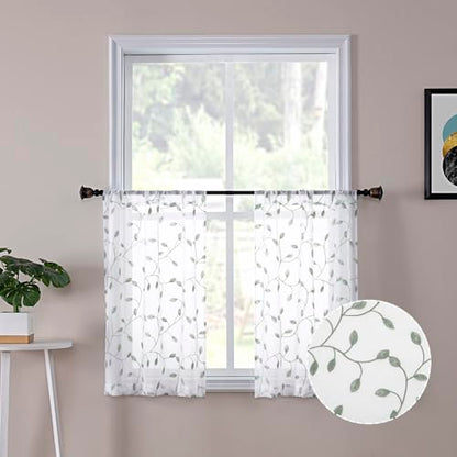 Tollpiz Leaves Sheer Tier Curtain Sage Green Leaf Embroidery Kitchen Half Curtains Rod Pocket Voile Faux Linen Embroidered Leaves Curtain for Bathroom, 30 x 36 inches Long, Set of 2 Panels - color: Sage Green, size: 30"W x 36"L (Pack of 2)